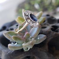 platinum & 18K gold sapphire & rose cut diamond Victorian halo ring