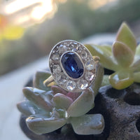 platinum & 18K gold sapphire & rose cut diamond Victorian halo ring