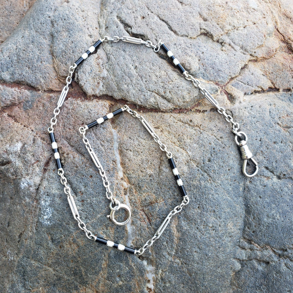 14k white gold Deco black & white enamel 13.5" vintage estate watch chain