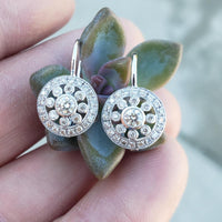 14k gold white gold diamond DECO style lever back earrings NEW