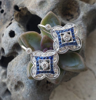 14k gold white gold French cut sapphire & diamond DECO style lever back earrings NEW