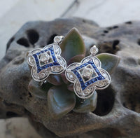 14k gold white gold French cut sapphire & diamond DECO style lever back earrings NEW