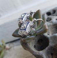 14k gold white gold French cut sapphire & diamond DECO style lever back earrings NEW
