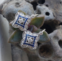 14k gold white gold French cut sapphire & diamond DECO style lever back earrings NEW