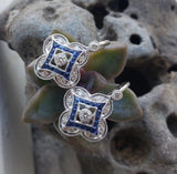 14k gold white gold French cut sapphire & diamond DECO style lever back earrings NEW