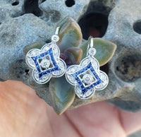 14k gold white gold French cut sapphire & diamond DECO style lever back earrings NEW
