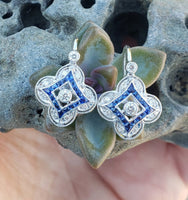 14k gold white gold French cut sapphire & diamond DECO style lever back earrings NEW