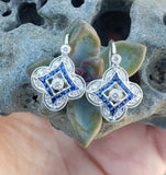14k gold white gold French cut sapphire & diamond DECO style lever back earrings NEW