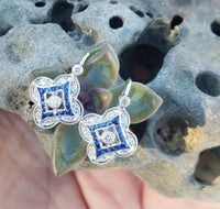 14k gold white gold French cut sapphire & diamond DECO style lever back earrings NEW