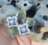 14k gold white gold French cut sapphire & diamond DECO style lever back earrings NEW