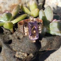 14k gold Victorian amethyst floral flower inlay rose cut diamond estate ring