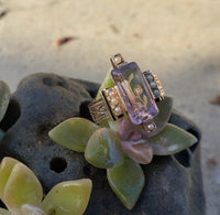 14k gold Victorian amethyst floral flower inlay rose cut diamond estate ring