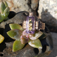 14k gold Victorian amethyst floral flower inlay rose cut diamond estate ring