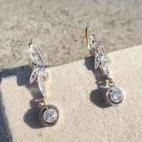 platinum top & 18k gold Edwardian old cut diamond filigree lever back earrings