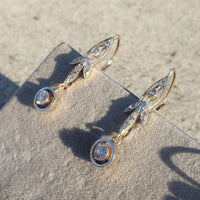 platinum top & 18k gold Edwardian old cut diamond filigree lever back earrings
