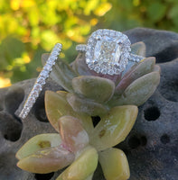 14k white gold 1.21ct cushion cut diamond halo engagement ring bridal set - apx 1.77ct tw