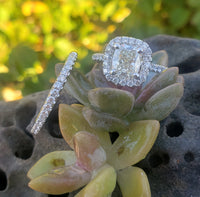 14k white gold 1.21ct cushion cut diamond halo engagement ring bridal set - apx 1.77ct tw