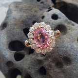 18k gold Edwardian halo padparadsha sapphire & mine cut diamond halo antique ring