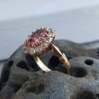 18k gold Edwardian halo padparadsha sapphire & mine cut diamond halo antique ring