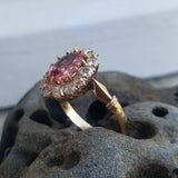 18k gold Edwardian halo padparadsha sapphire & mine cut diamond halo antique ring