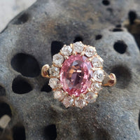 18k gold Edwardian halo padparadsha sapphire & mine cut diamond halo antique ring