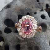 18k gold Edwardian halo padparadsha sapphire & mine cut diamond halo antique ring