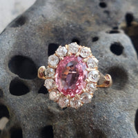 18k gold Edwardian halo padparadsha sapphire & mine cut diamond halo antique ring