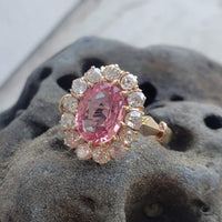 18k gold Edwardian halo padparadsha sapphire & mine cut diamond halo antique ring