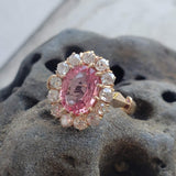 18k gold Edwardian halo padparadsha sapphire & mine cut diamond halo antique ring