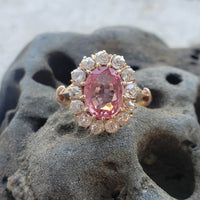 18k gold Edwardian halo padparadsha sapphire & mine cut diamond halo antique ring