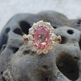18k gold Edwardian halo padparadsha sapphire & mine cut diamond halo antique ring