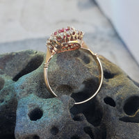 18k gold Edwardian halo padparadsha sapphire & mine cut diamond halo antique ring