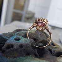 18k gold Edwardian halo padparadsha sapphire & mine cut diamond halo antique ring