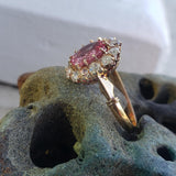 18k gold Edwardian halo padparadsha sapphire & mine cut diamond halo antique ring