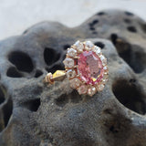 18k gold Edwardian halo padparadsha sapphire & mine cut diamond halo antique ring
