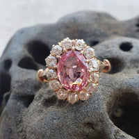 18k gold Edwardian halo padparadsha sapphire & mine cut diamond halo antique ring