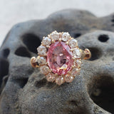 18k gold Edwardian halo padparadsha sapphire & mine cut diamond halo antique ring