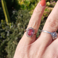18k gold Edwardian halo padparadsha sapphire & mine cut diamond halo antique ring