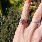 18k gold Edwardian halo padparadsha sapphire & mine cut diamond halo antique ring