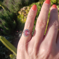 18k gold Edwardian halo padparadsha sapphire & mine cut diamond halo antique ring