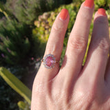 18k gold Edwardian halo padparadsha sapphire & mine cut diamond halo antique ring