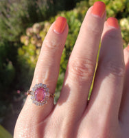 18k gold Edwardian halo padparadsha sapphire & mine cut diamond halo antique ring