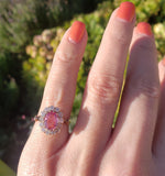 18k gold Edwardian halo padparadsha sapphire & mine cut diamond halo antique ring