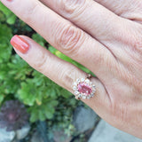 18k gold Edwardian halo padparadsha sapphire & mine cut diamond halo antique ring