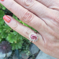 18k gold Edwardian halo padparadsha sapphire & mine cut diamond halo antique ring