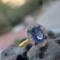 platinum & 18k gold two tone Deco estate blue sapphire & diamond ring