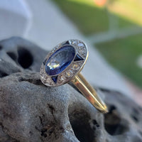 platinum & 18k gold two tone Deco estate blue sapphire & diamond ring