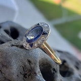 platinum & 18k gold two tone Deco estate blue sapphire & diamond ring