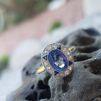 platinum & 18k gold two tone Deco estate blue sapphire & diamond ring