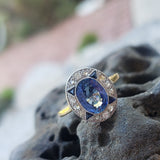 platinum & 18k gold two tone Deco estate blue sapphire & diamond ring